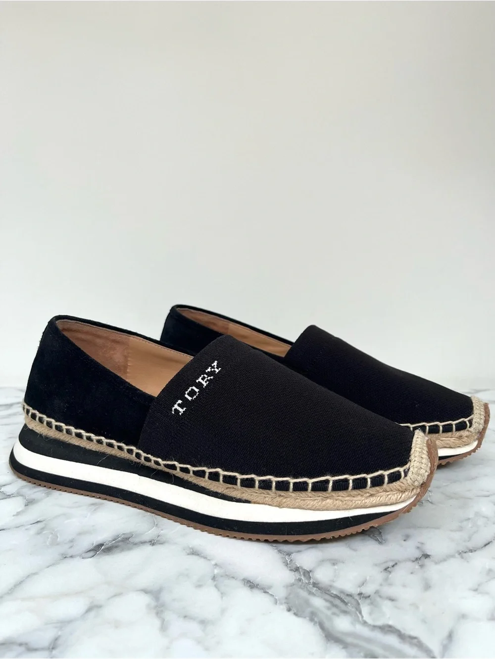 TORY BURCH Suede Leather Espadrille Daisy Black Slip On Trainers Sneakers 9